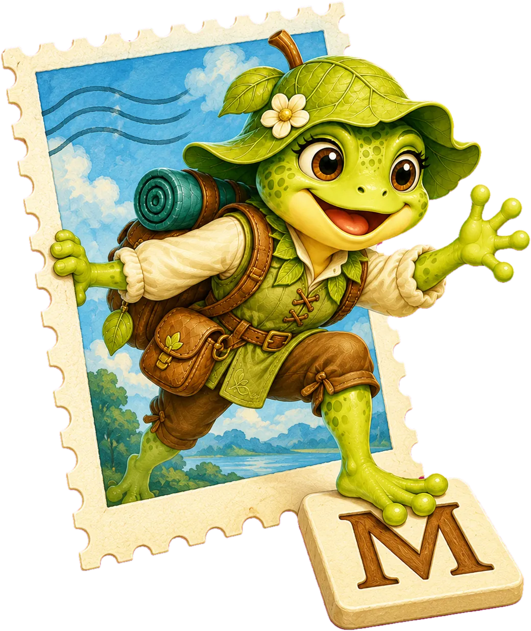 Mia steps out of a large postage stamp with her backpack and sets her foot on a letter tile with an M.