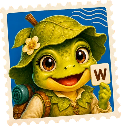Mia the frog holding up a few letter tiles